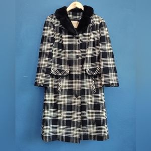 Vintage Pendleton S Ladies Long Jacket Faux Fur Black White Plaid